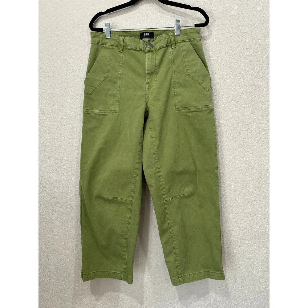 Kut from the Kloth Ashton Barrel Leg Pants Green High Rise Utility Womens 8